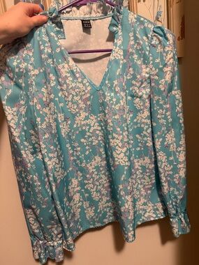 SHEIN Aqua Floral V-Neck Long Sleeve Blouse